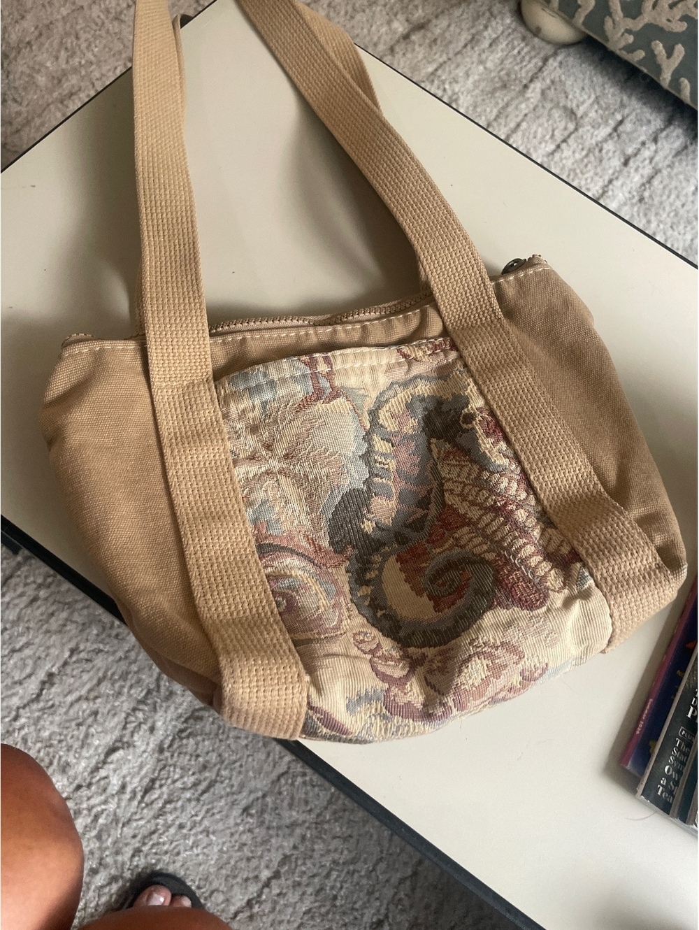 Vintage Beige Canvas Tote Bag with Seahorse and Dolphin Tapestry Design